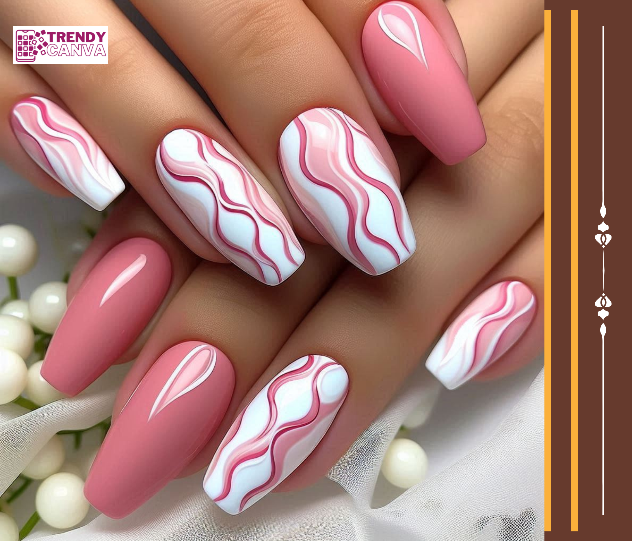 Pink and White Wavy Lines Nail Designs