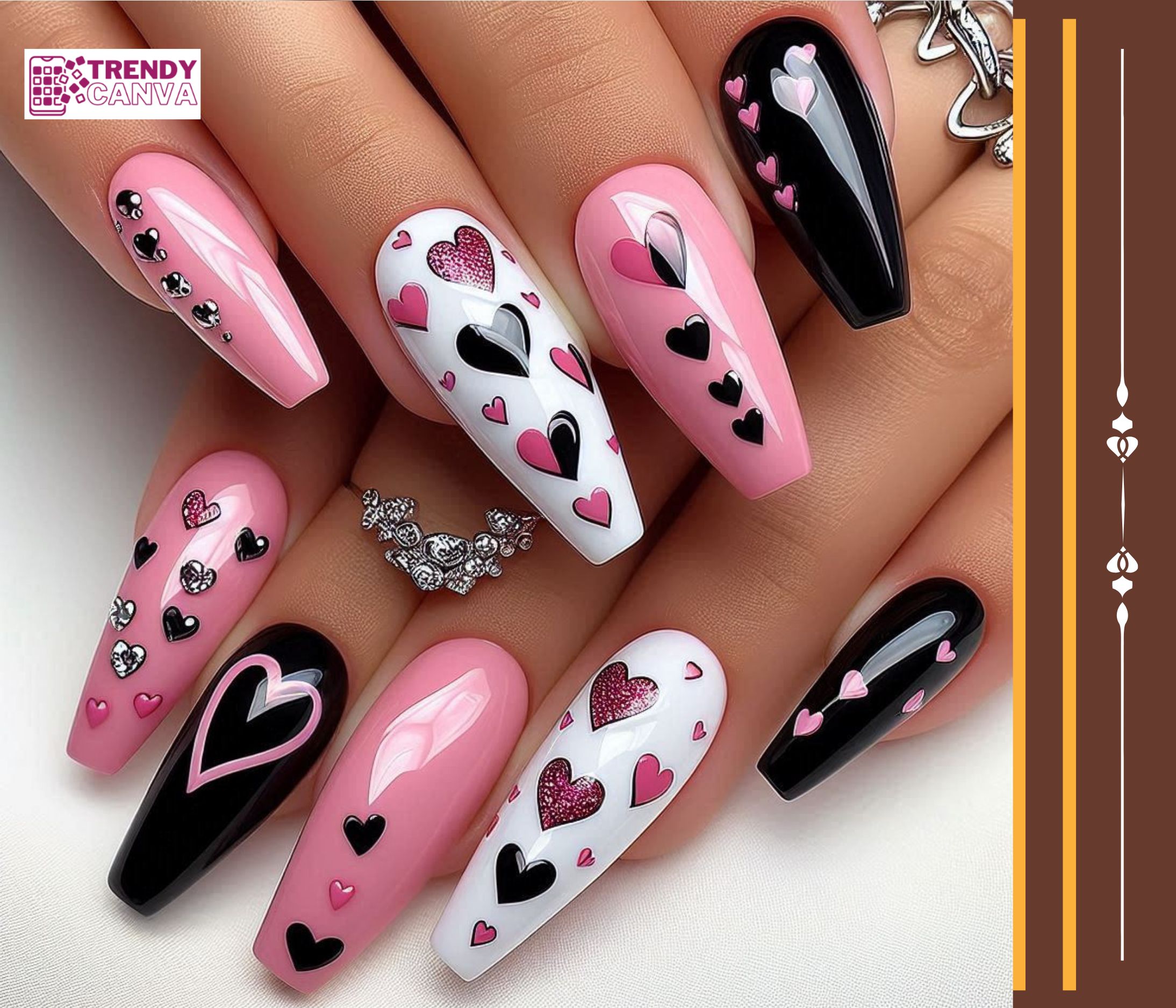 Pink and Black Hearts Nail Designs