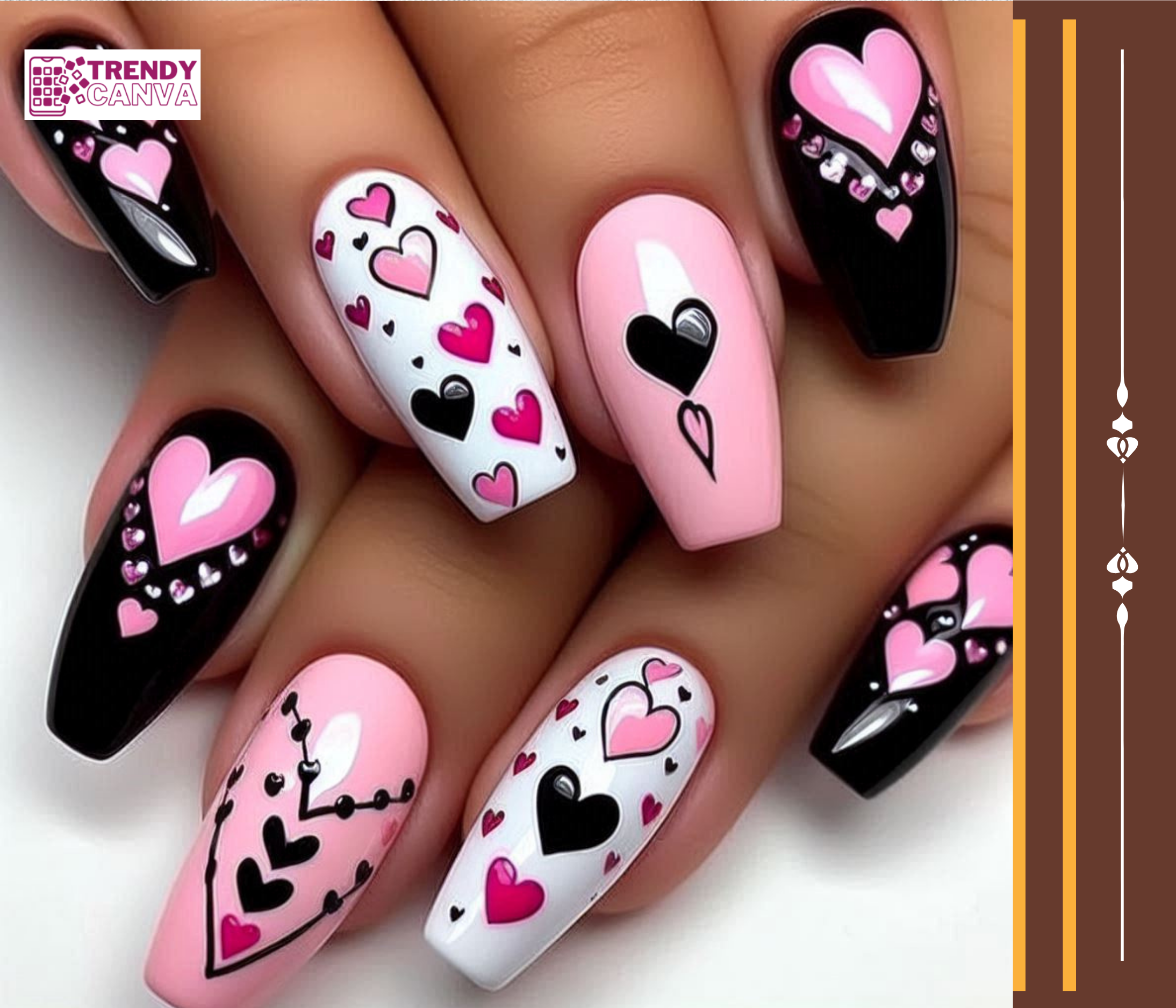 Pink and Black Hearts Nail Designs