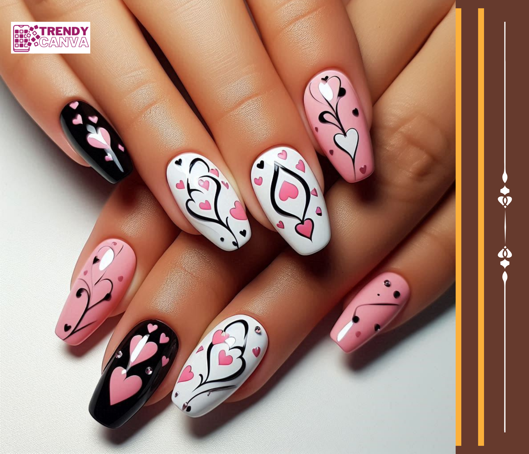 Pink and Black Hearts Nail Designs