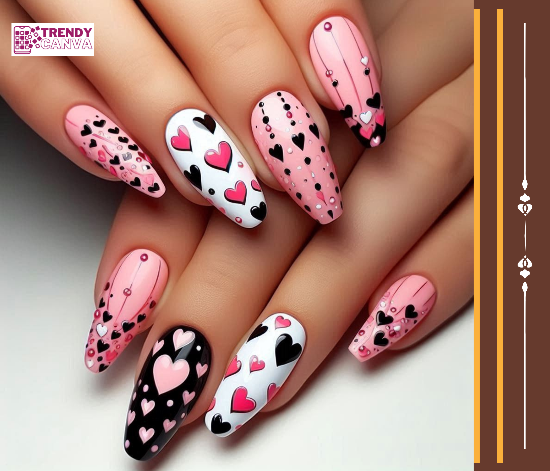 Pink and Black Hearts Nail Designs