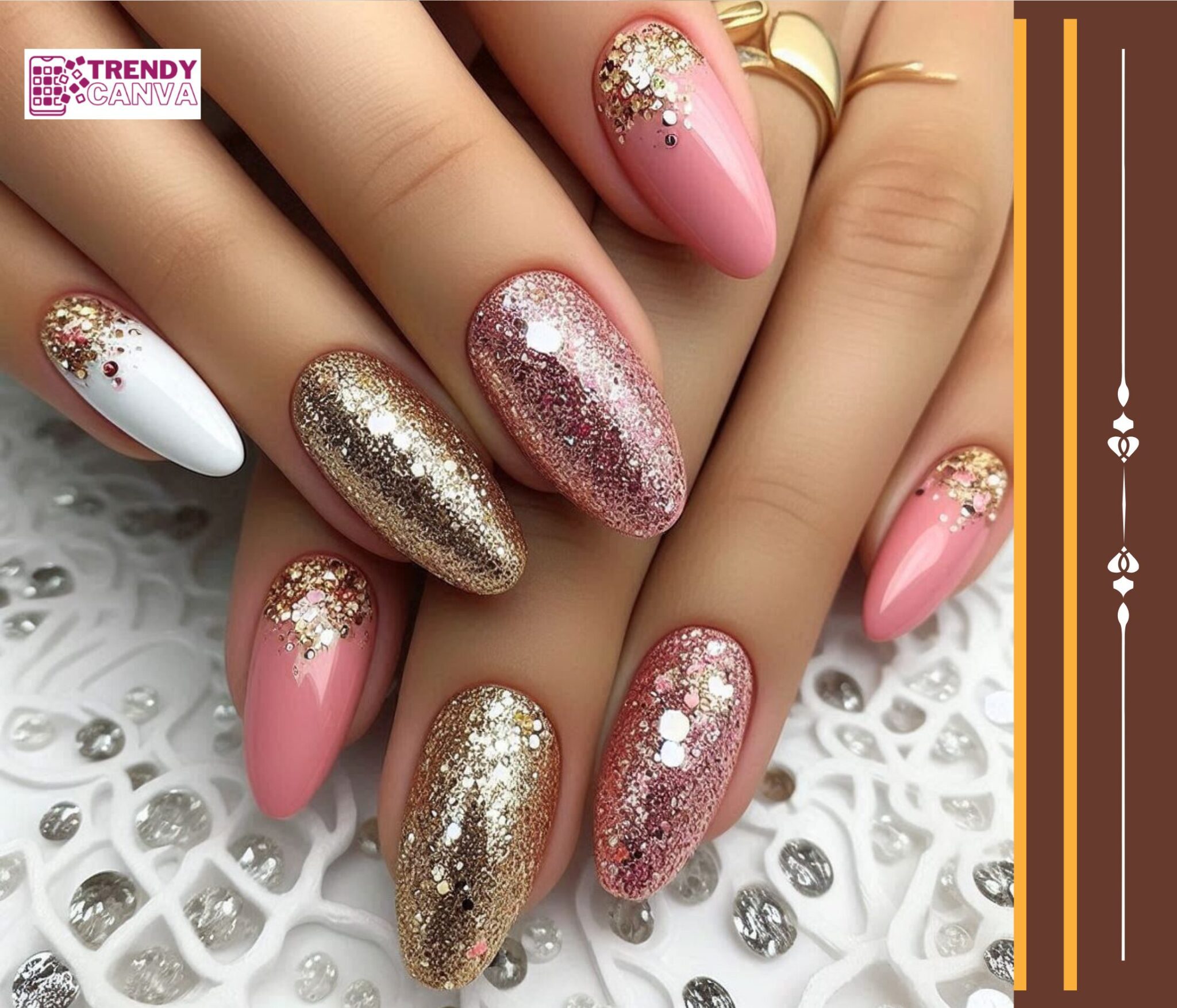 Pink and Gold Glitter Nail Designs
