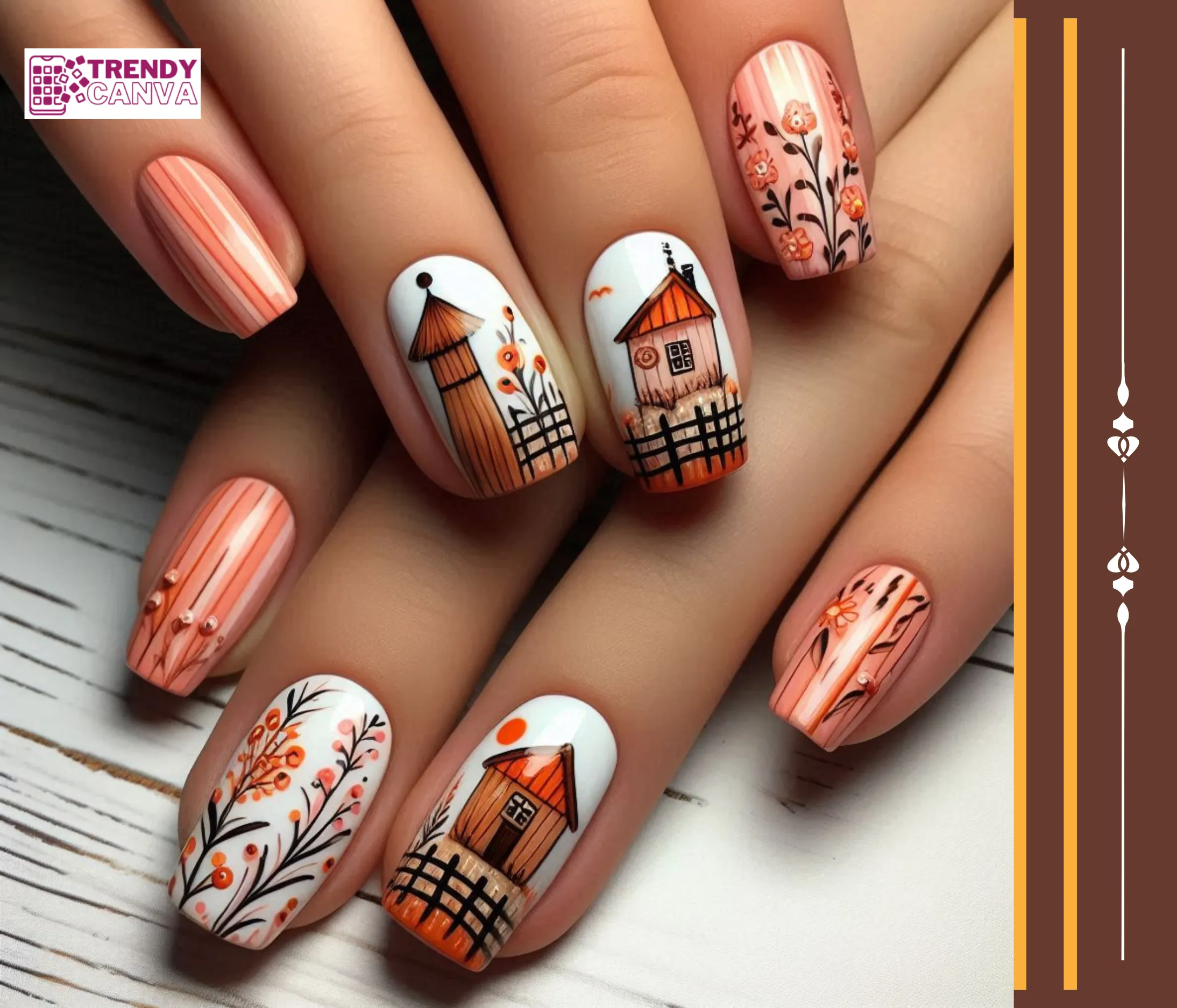 Hand-Painted Orange & Pink Nails