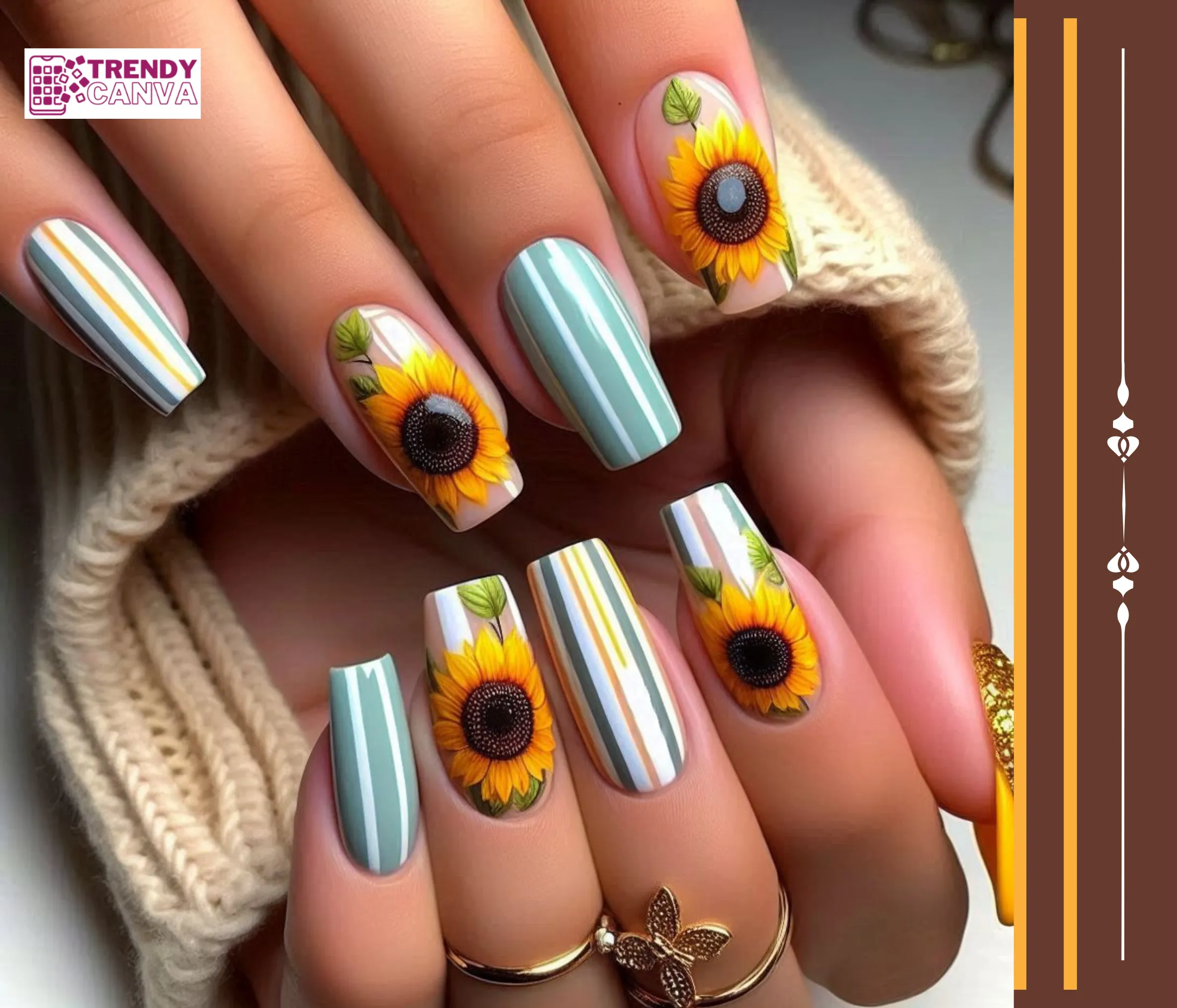 Sunflowers with Stripes Nail Designs