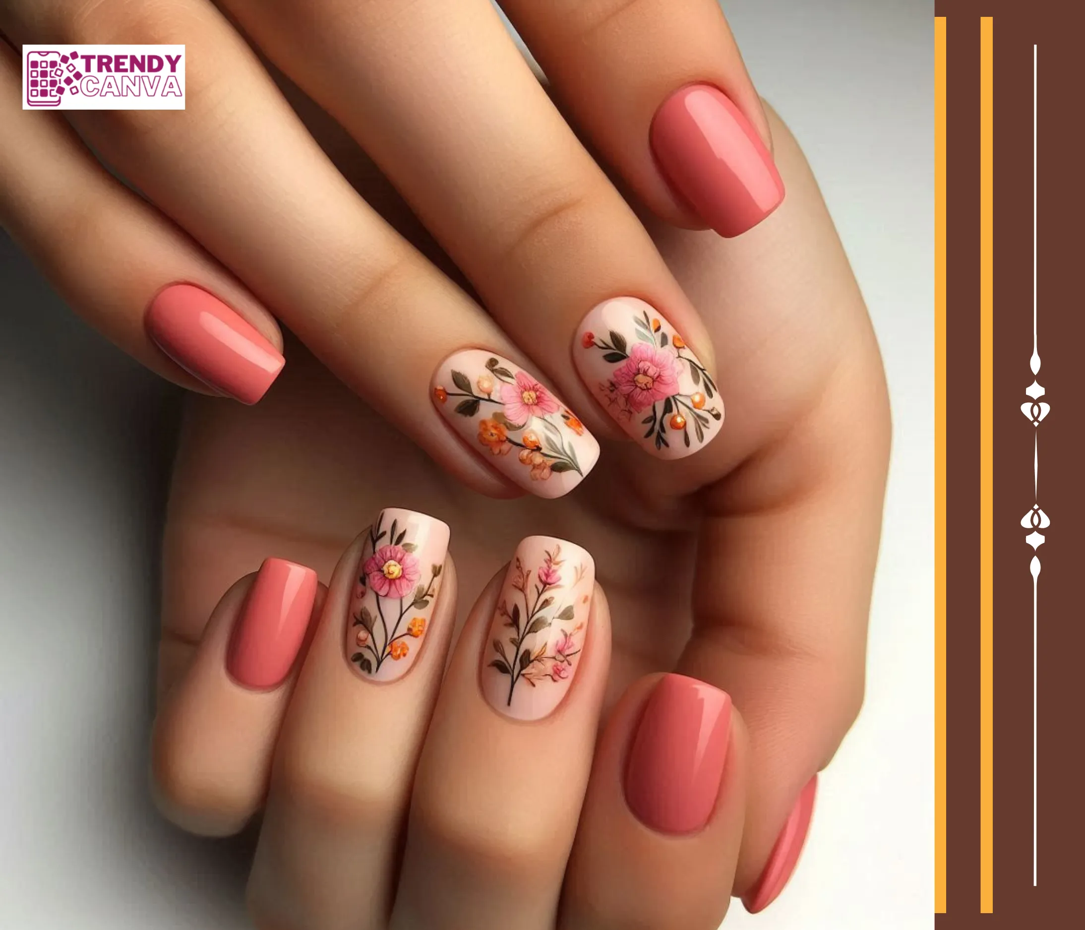 Pink & Orange Floral-Inspired Nail Designs