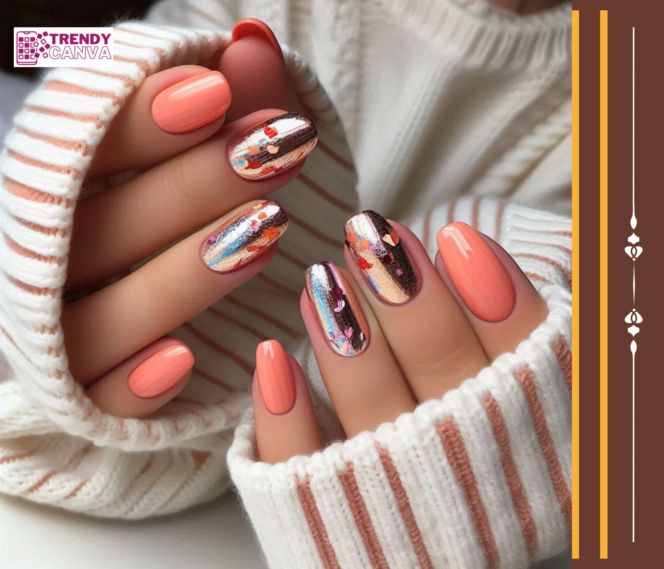 Orange & Pink Nails with Chrome Flakes