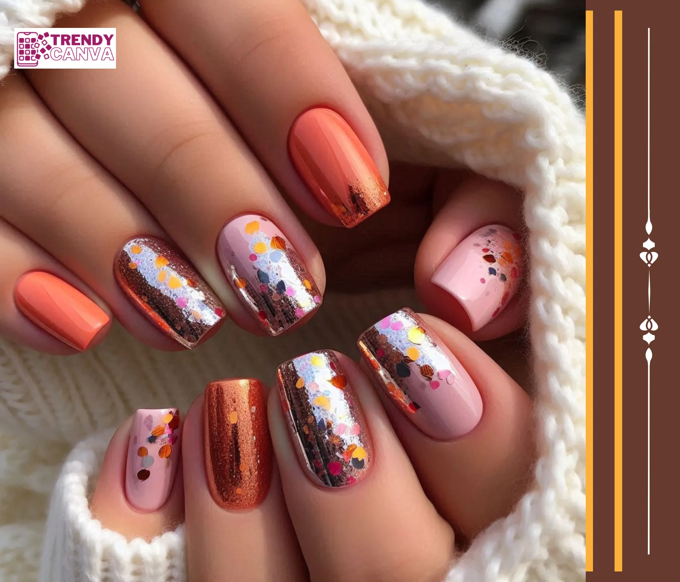 Orange & Pink Nails with Chrome Flakes