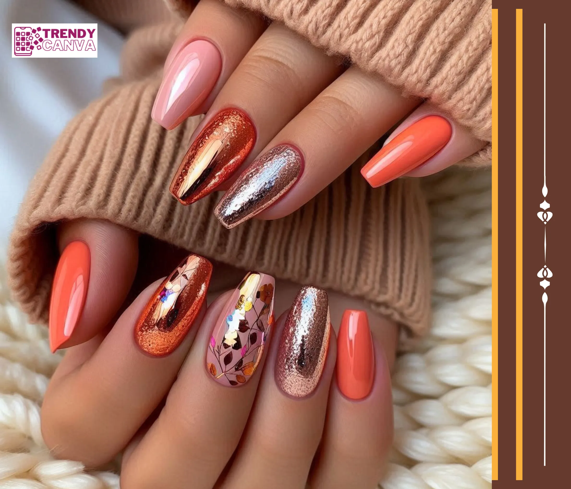 Orange & Pink Nails with Chrome Flakes