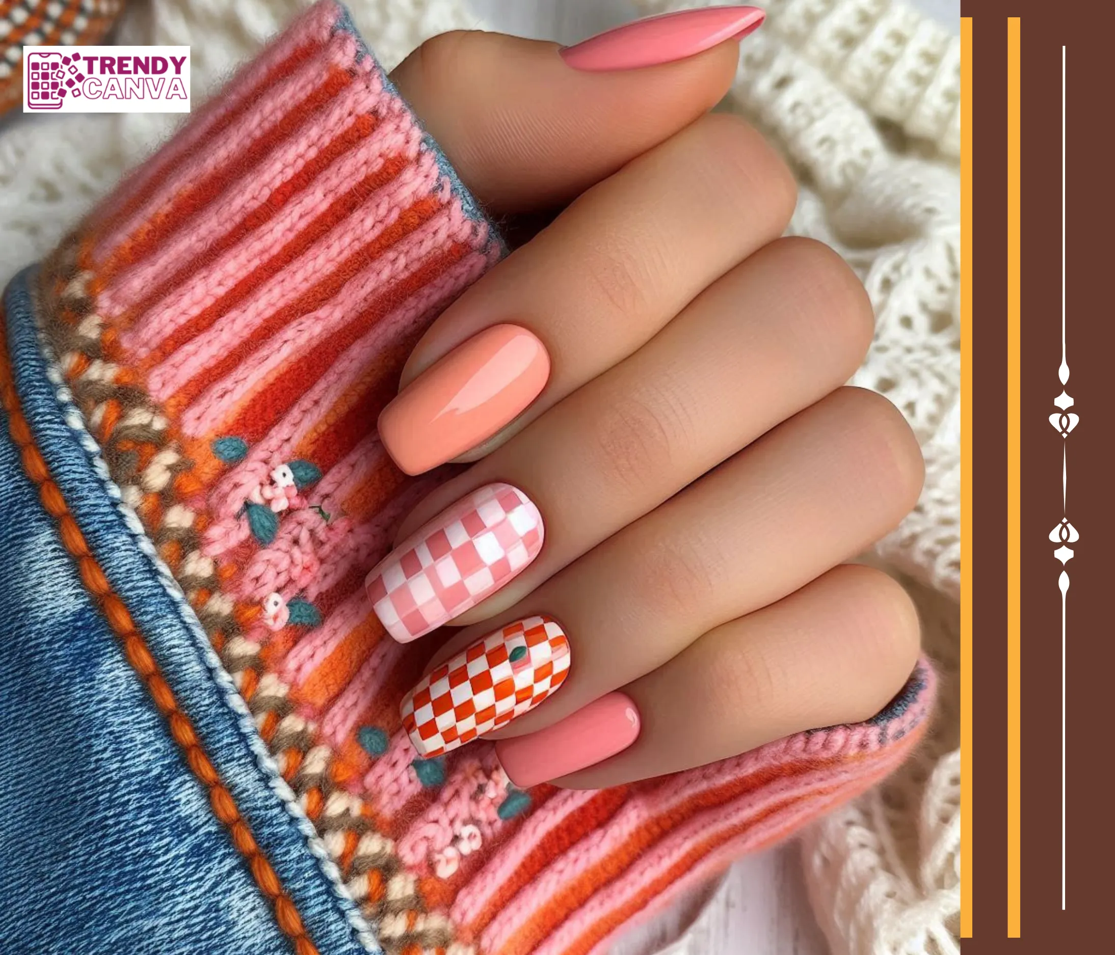 Pink & Orange Checkered Nail Designs