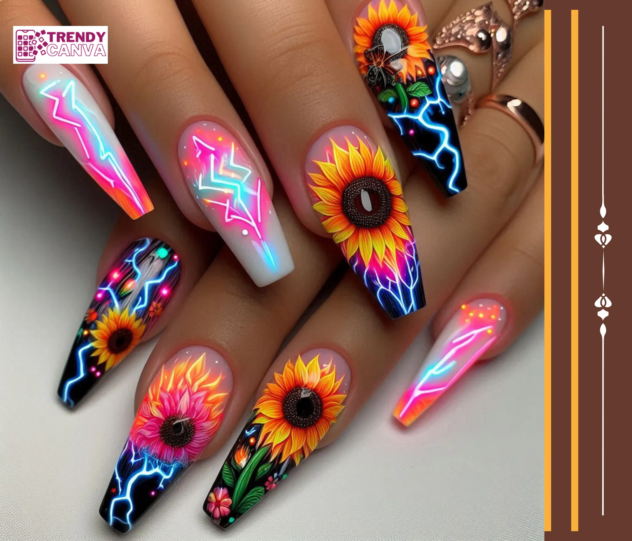 Neon Sunflowers Nail Designs