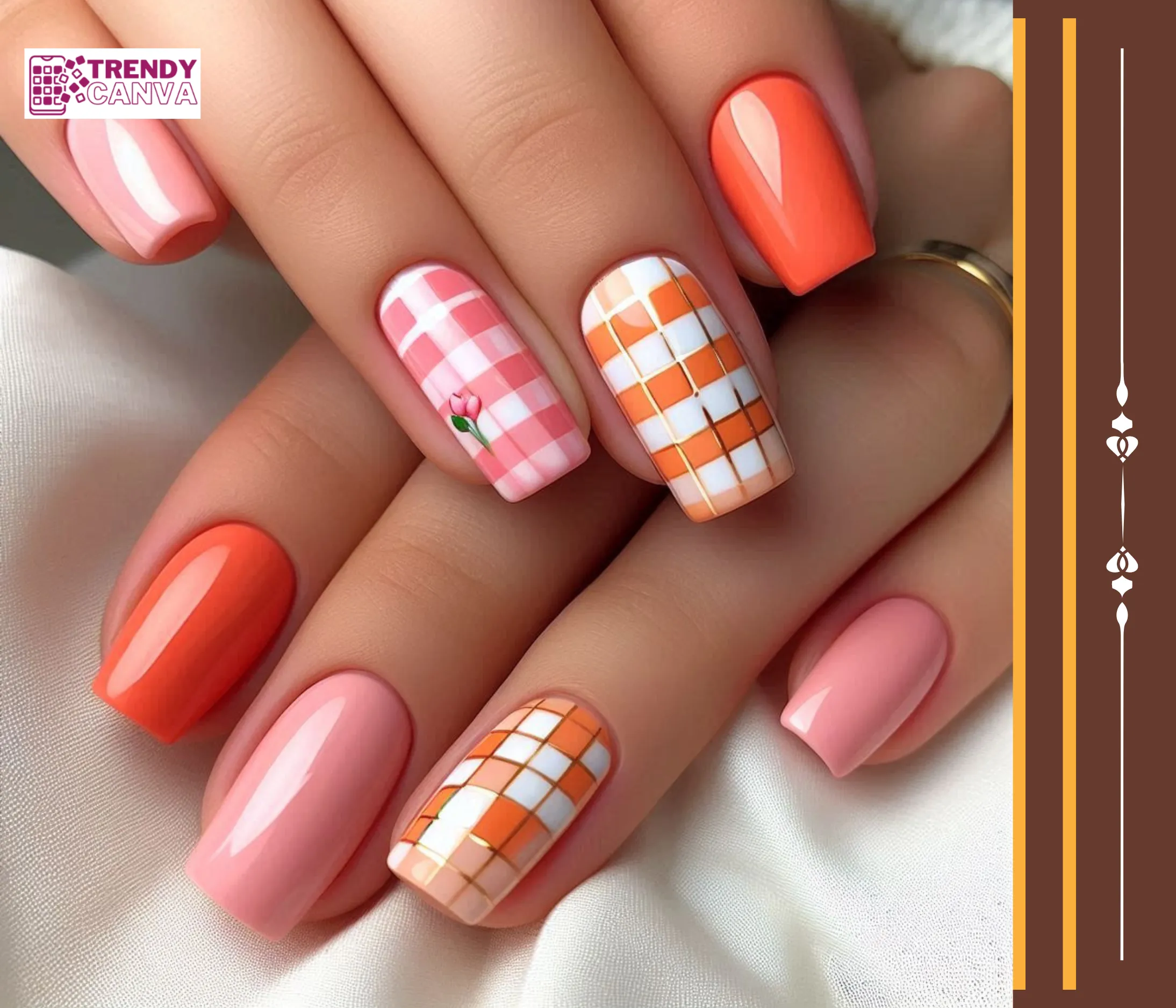 Pink & Orange Checkered Nail Designs