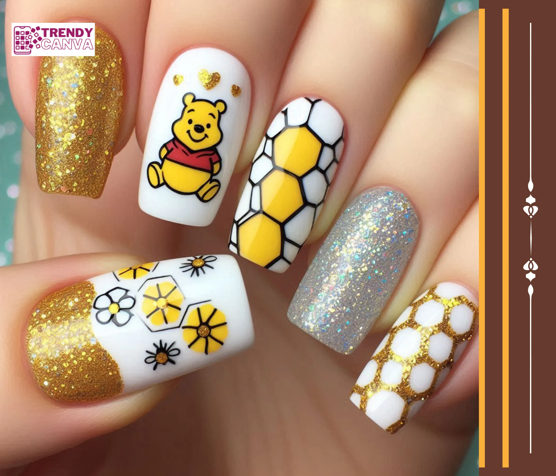 Pooh Bear & Honeycomb Glitter Nails