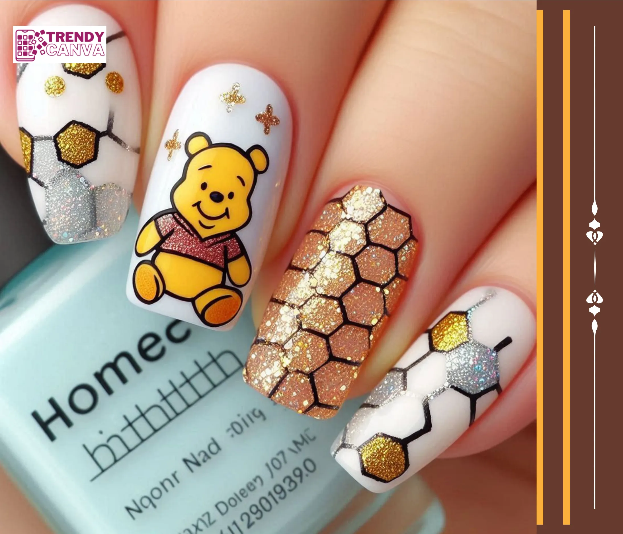 Pooh Bear & Honeycomb Glitter Nails