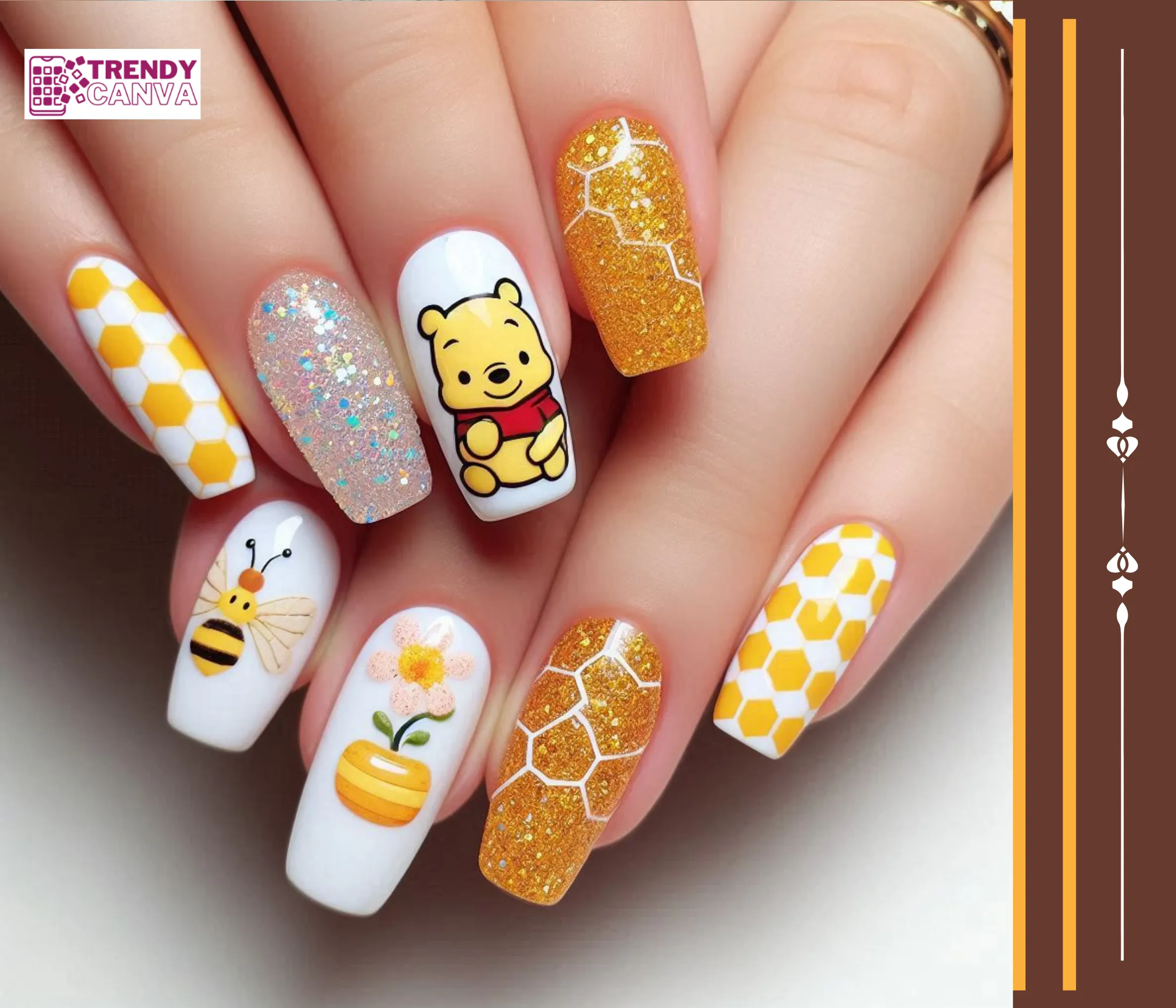 Pooh Bear & Honeycomb Glitter Nails