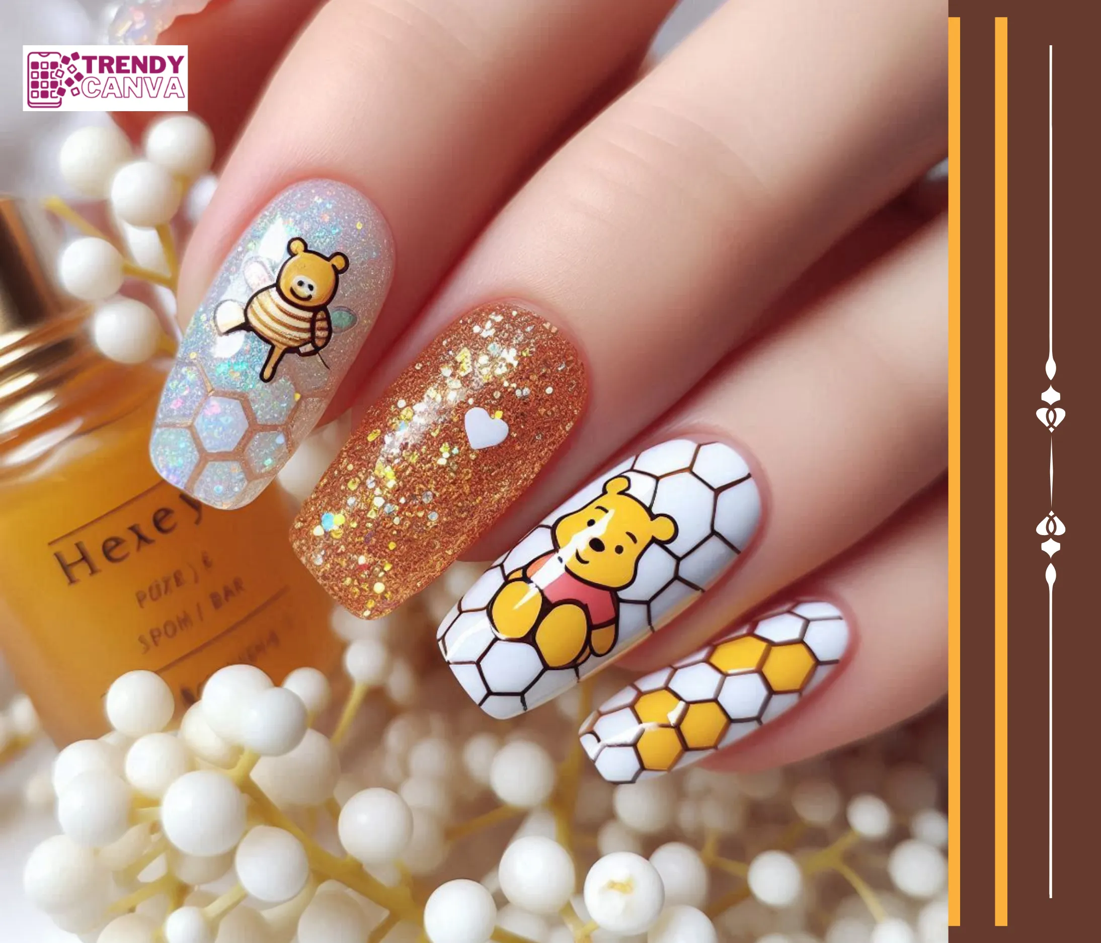 Pooh Bear & Honeycomb Glitter Nails