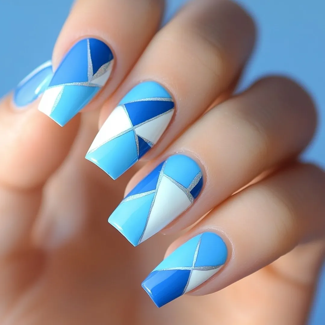 Turquoise Blue Nail Art with Geometric Patterns