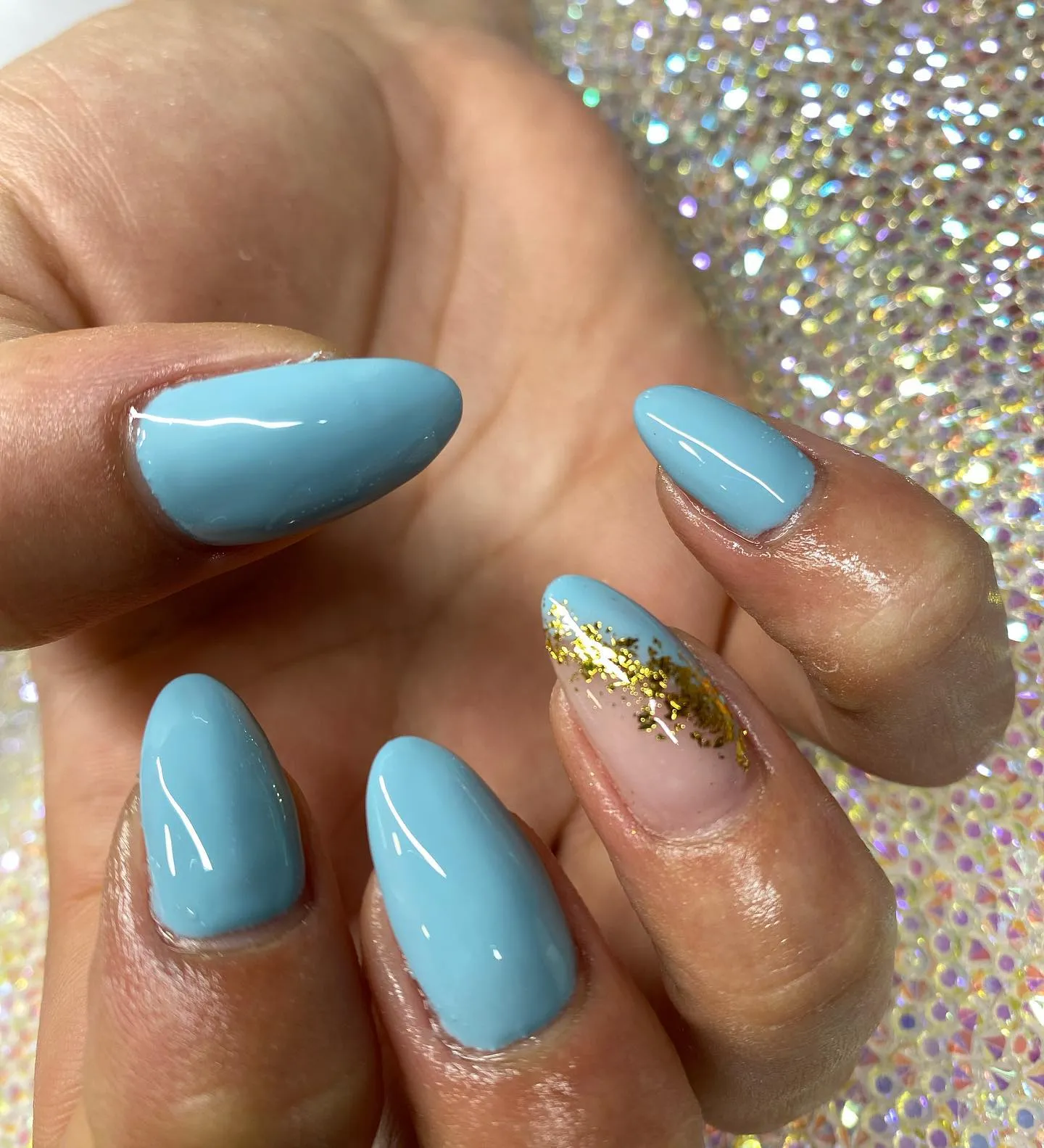 Baby Blue With Gold Foil Accent Nail