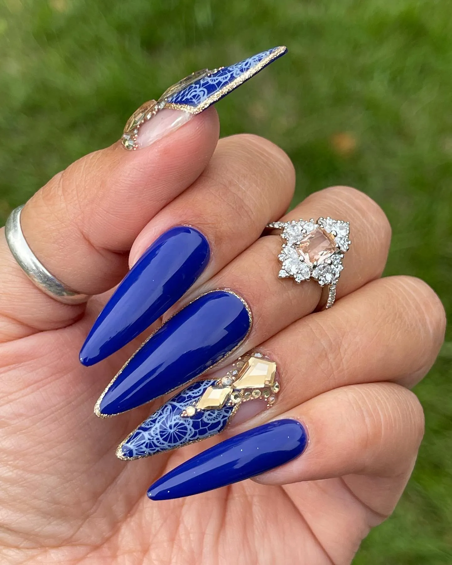 Cobalt Blue Nails with Lace Detailing