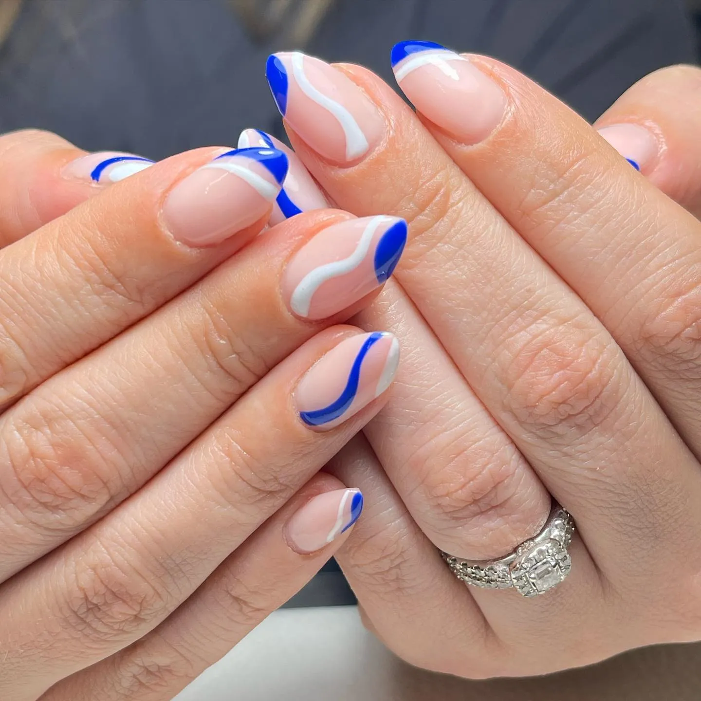 Blue and White Almond Nails