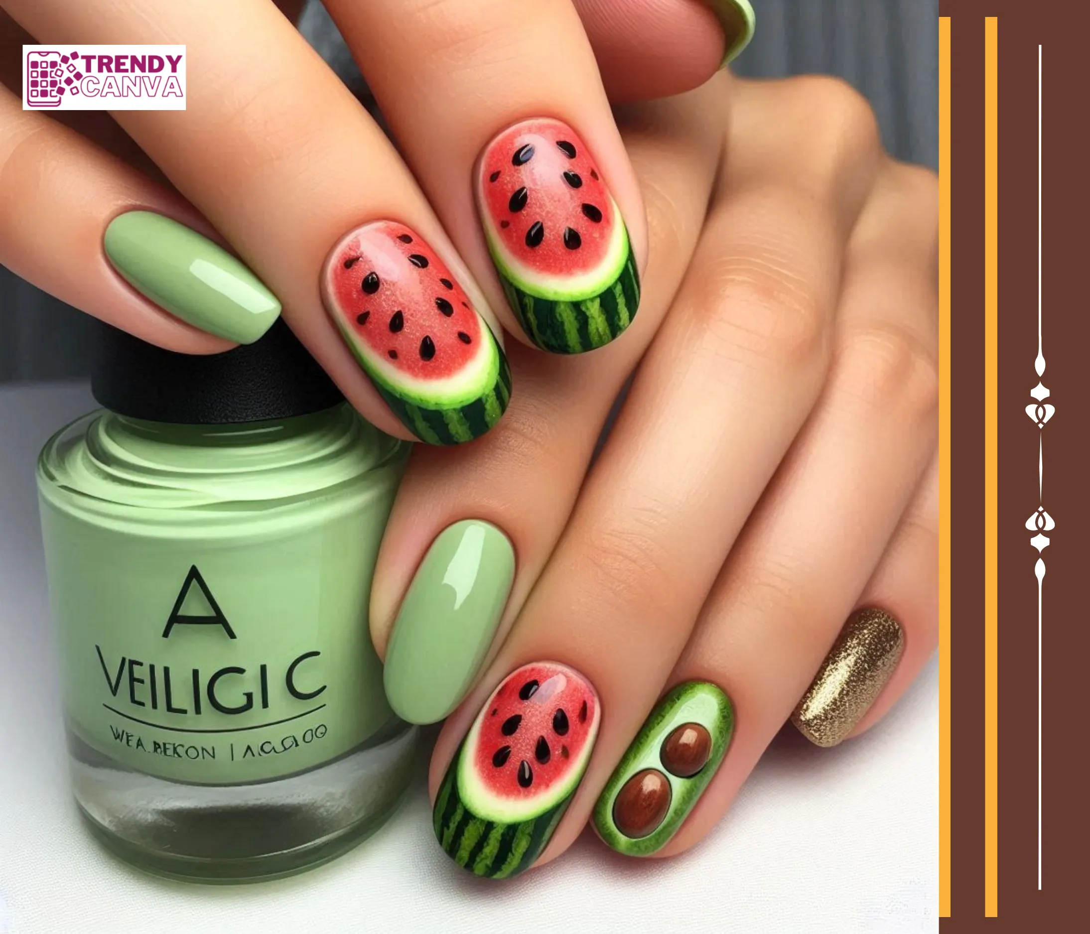 Watermelon Meets Avocado Nail Designs