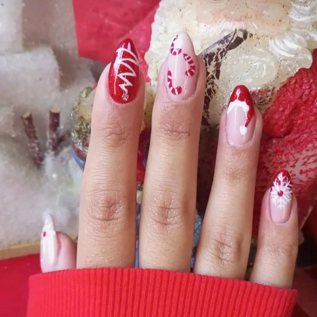 Red and White Almond Nails