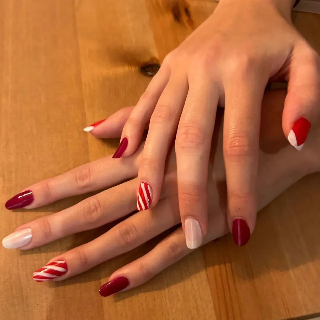 Red and White Almond Nails