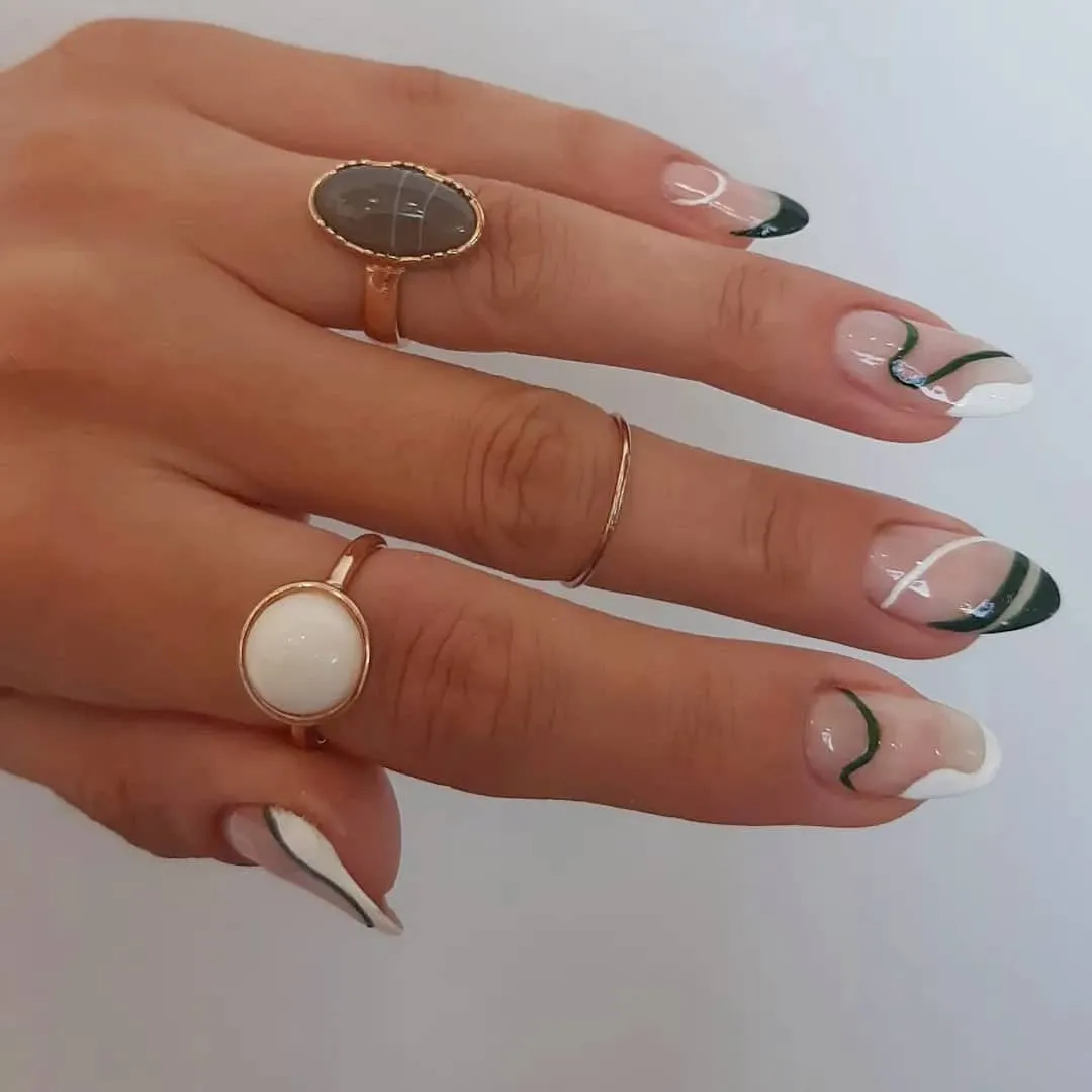 Green and White Almond Nails