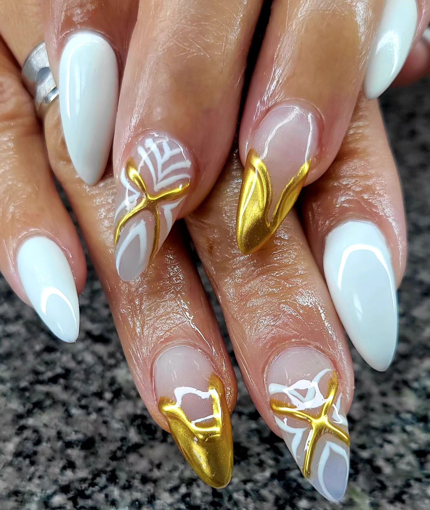 Gold and White Almond Nails