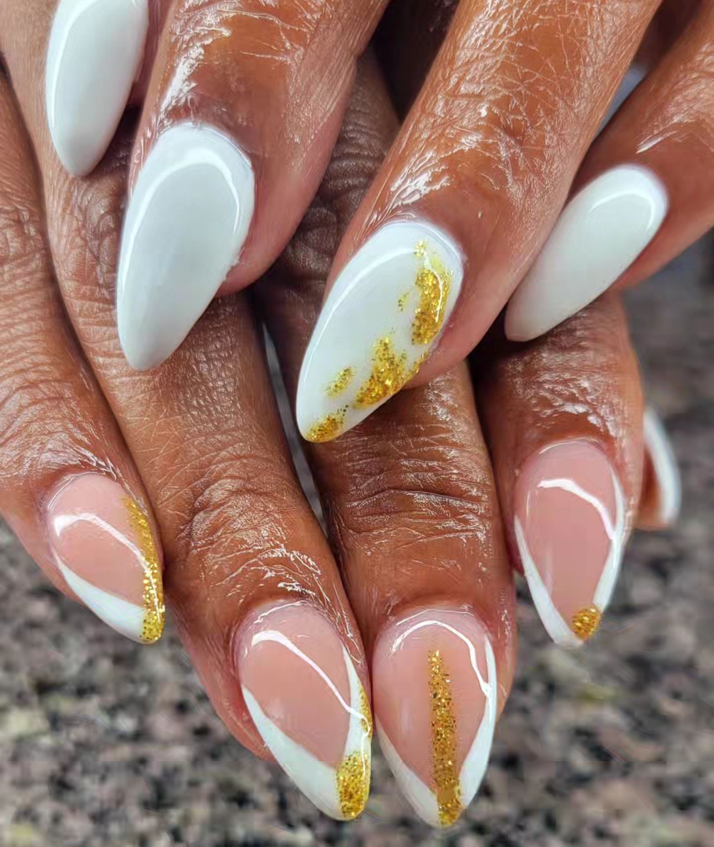 Gold and White Almond Nails