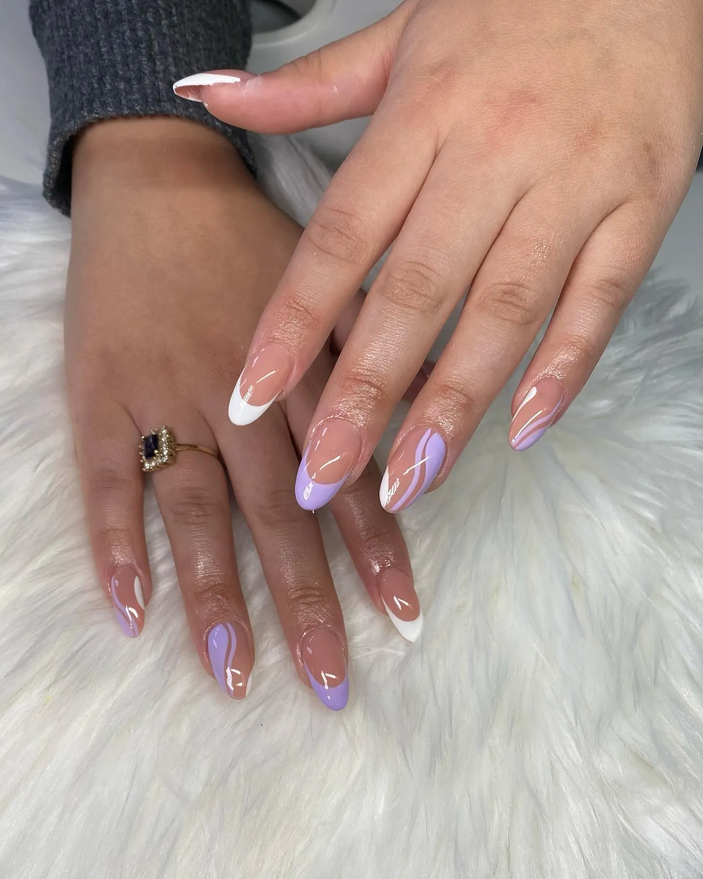 Purple and White Almond Nails