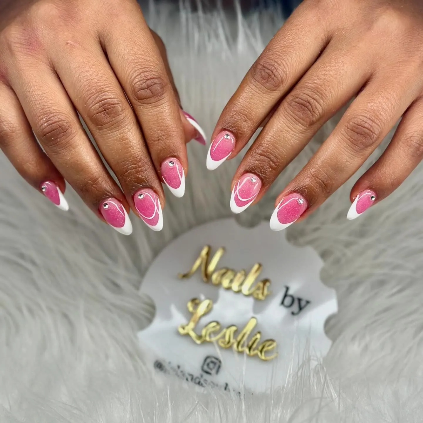 Hot Pink and White Almond Nail Designs