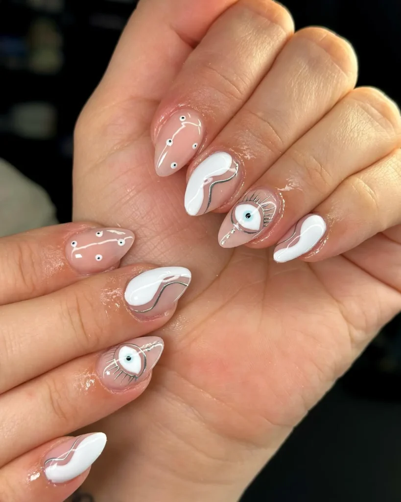 silver and white blended almond nails