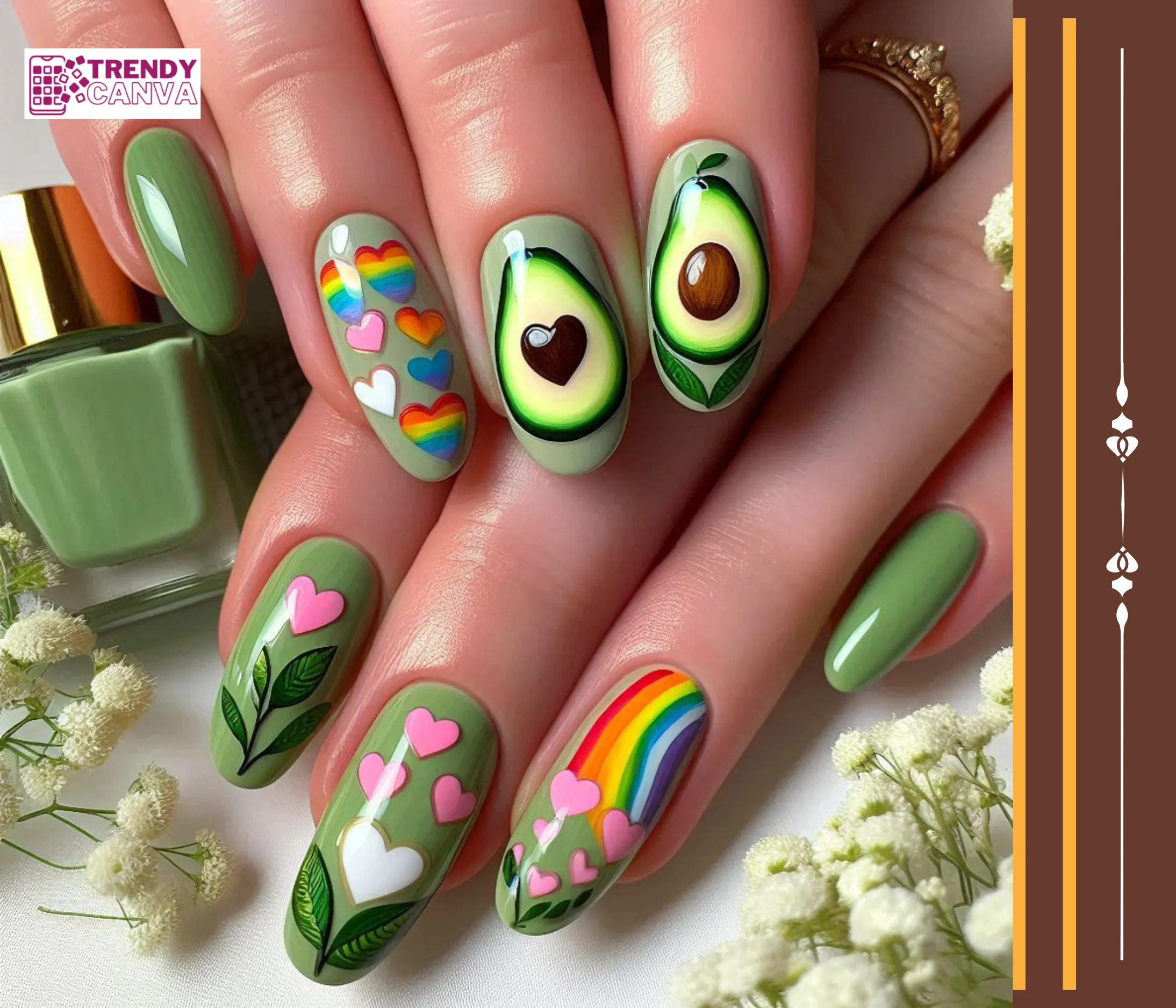 Rainbow Avocado Love Nail Designs