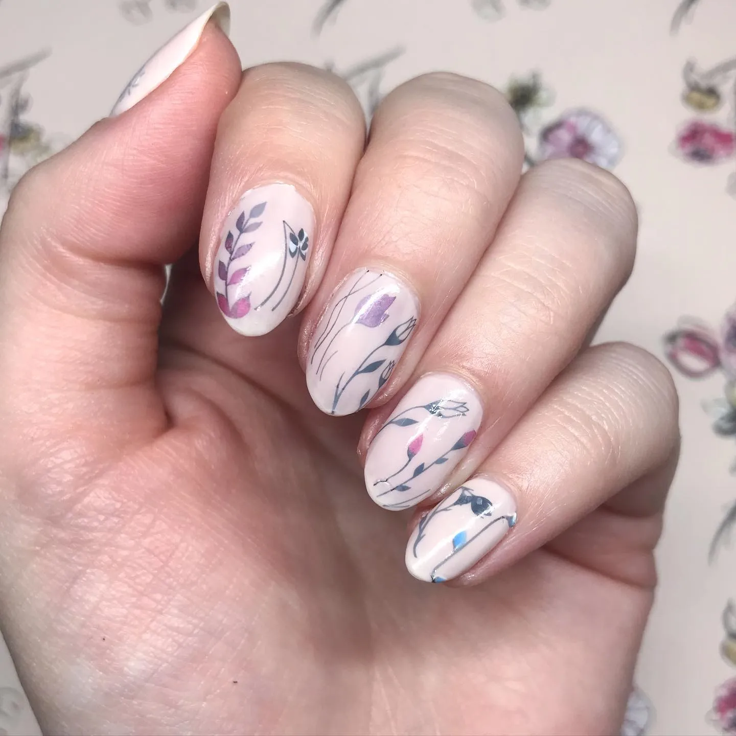 Floral Milky White Almond Nails