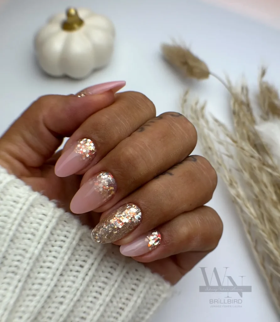 Dense Champagne Glitter Ombre Almond Nails