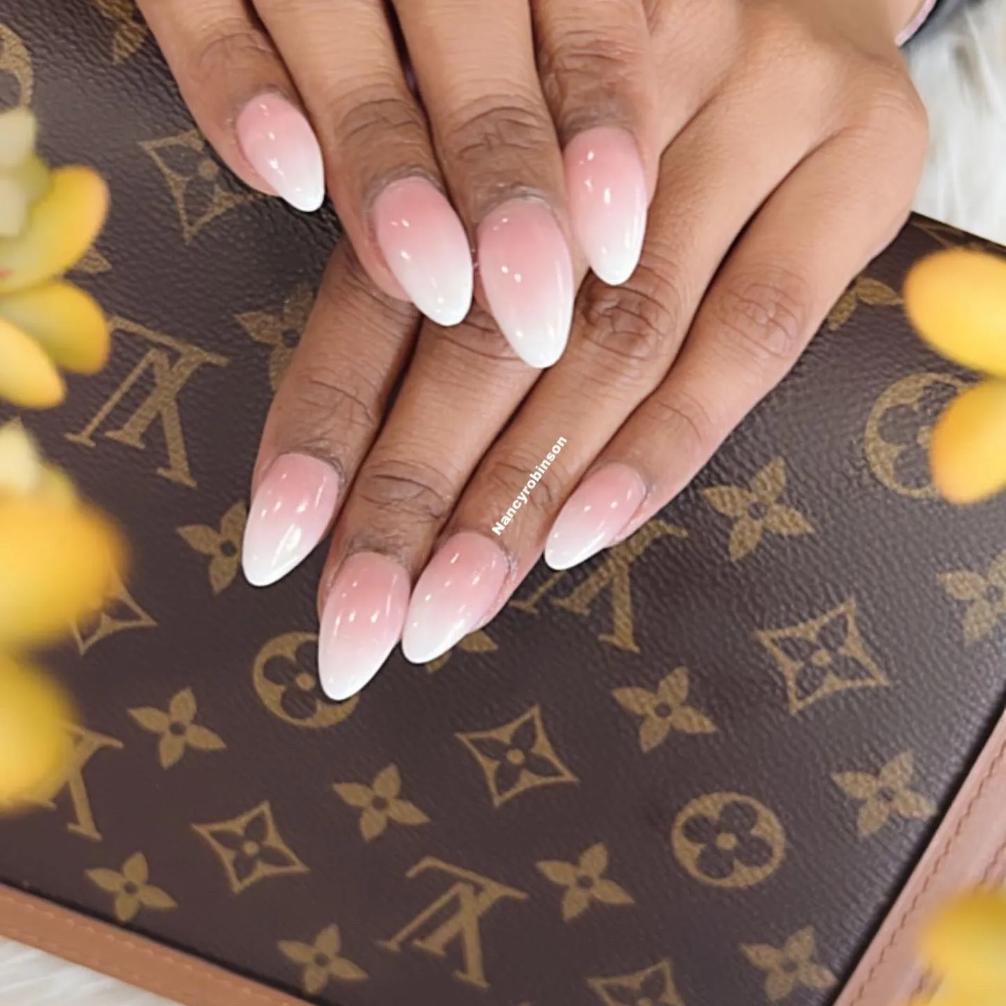 Pink and White Ombre Almond Nails