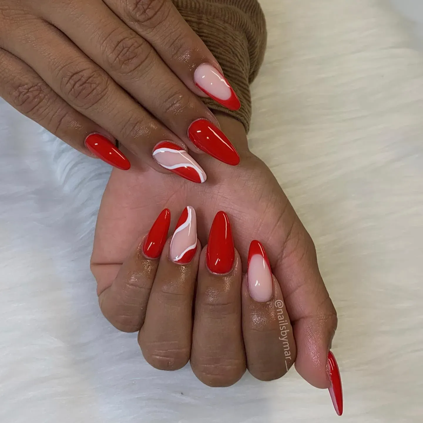 White and Red Almond Nails