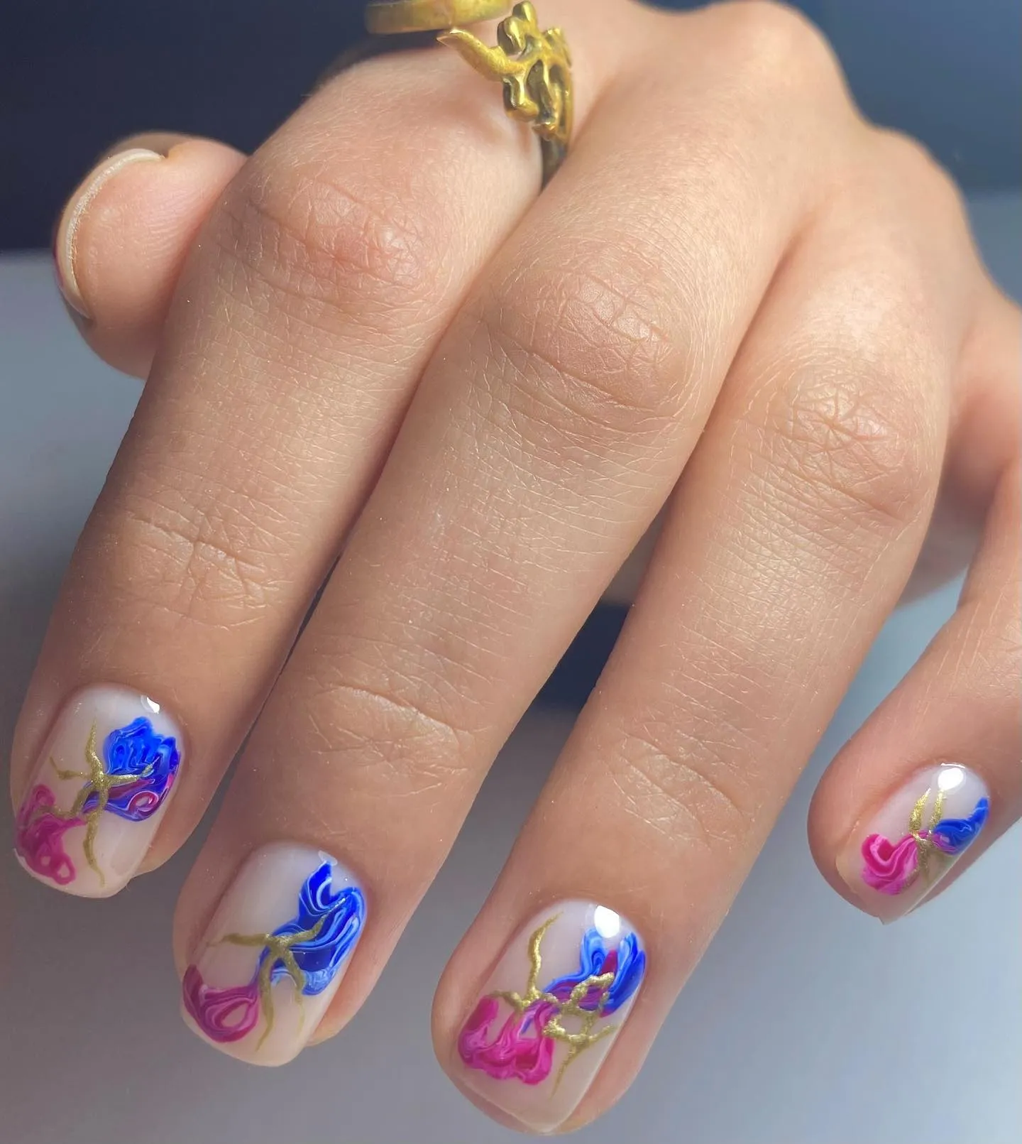 Blue and Pink Almond Nails