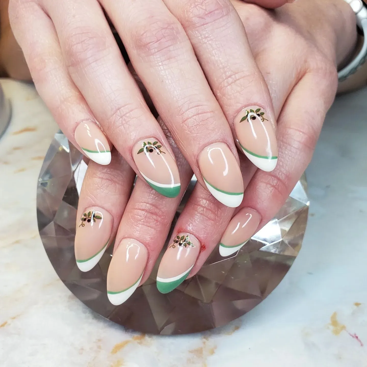 White and Green Almond Nail Designs