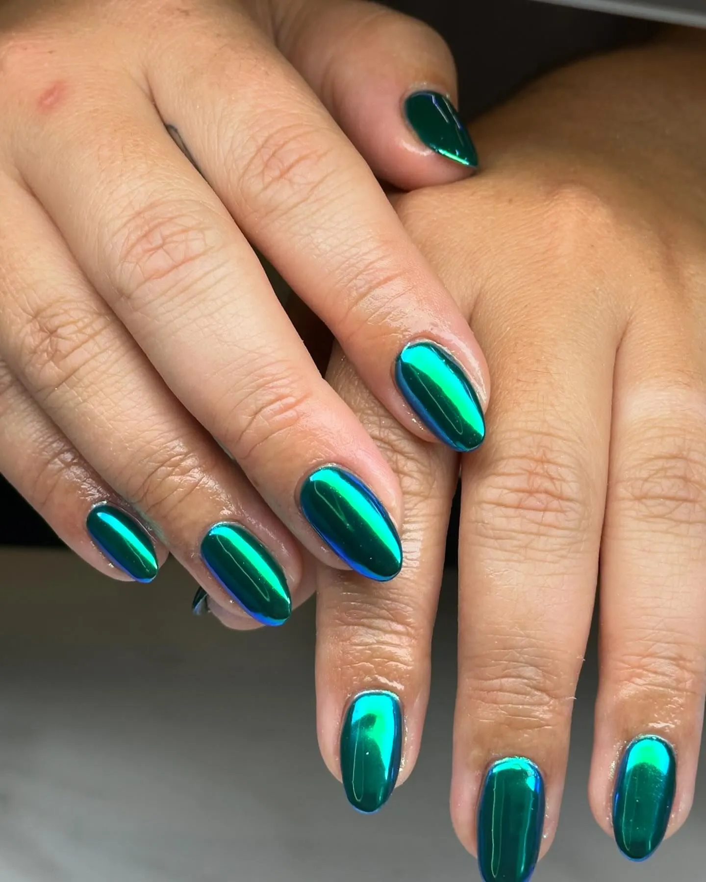 Green Chrome Almond Nails