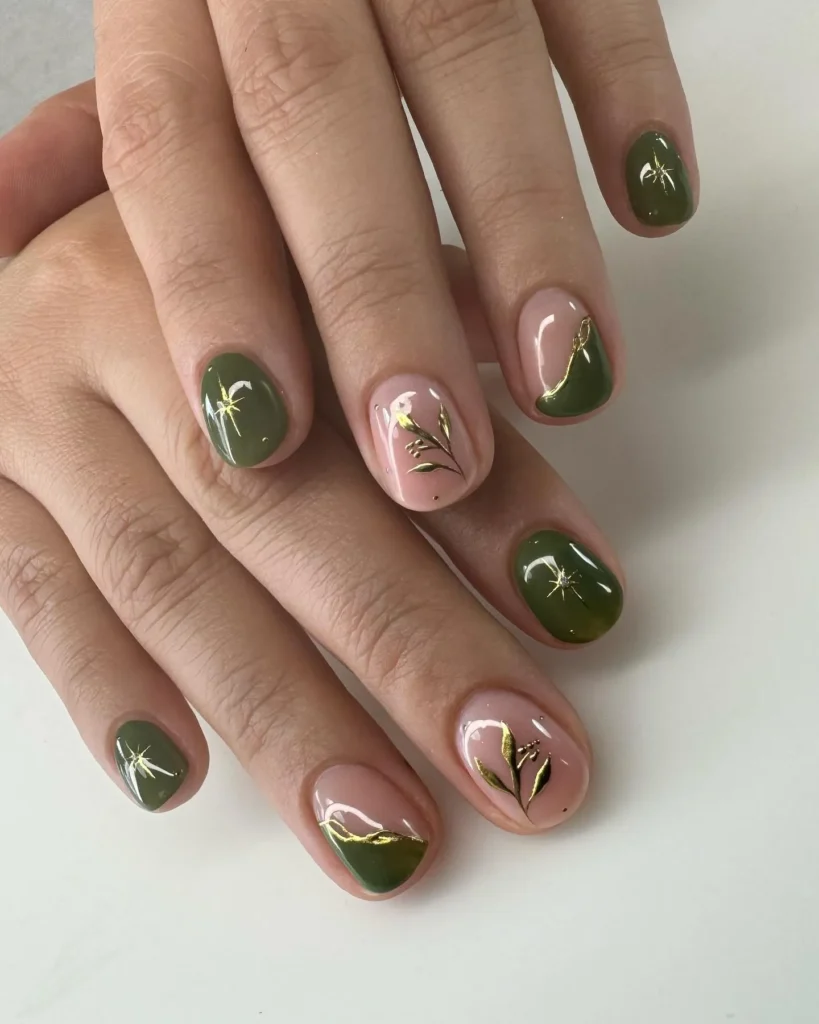 glossy solid olive green almond nails for fall