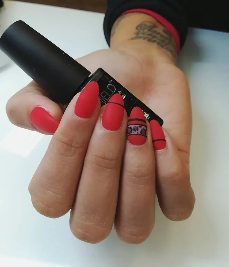 Cherry Red Glitter Almond Nails