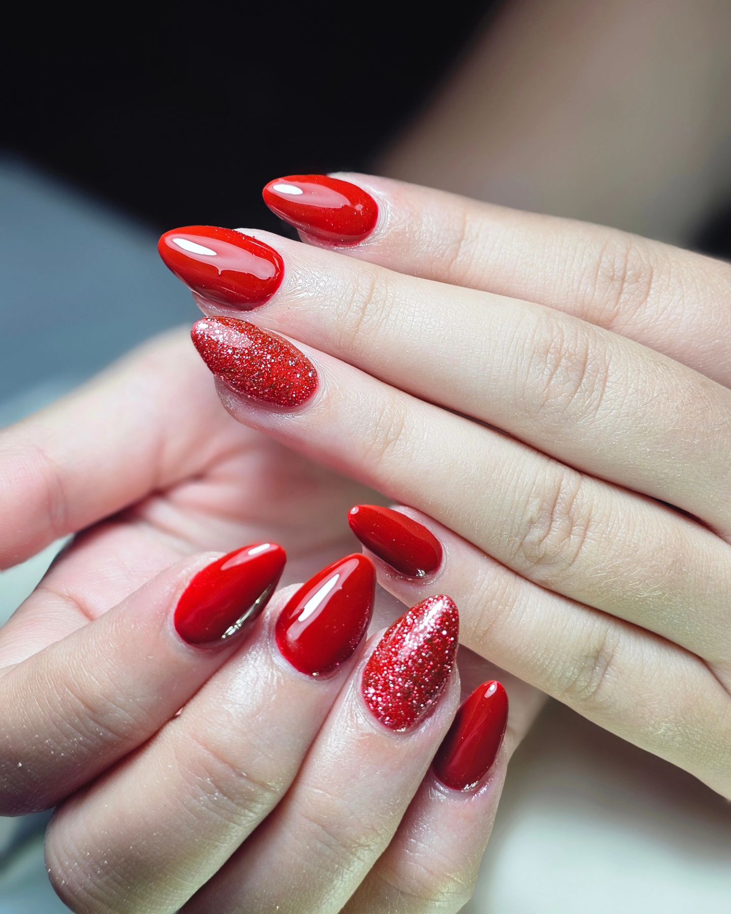 Red Almond Nails with Rhinestones