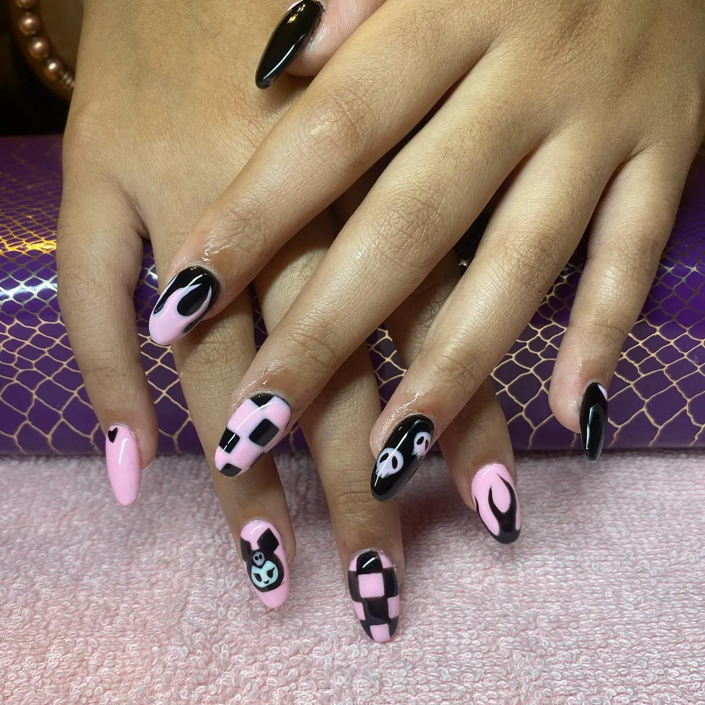 Black and Pink Almond Nails