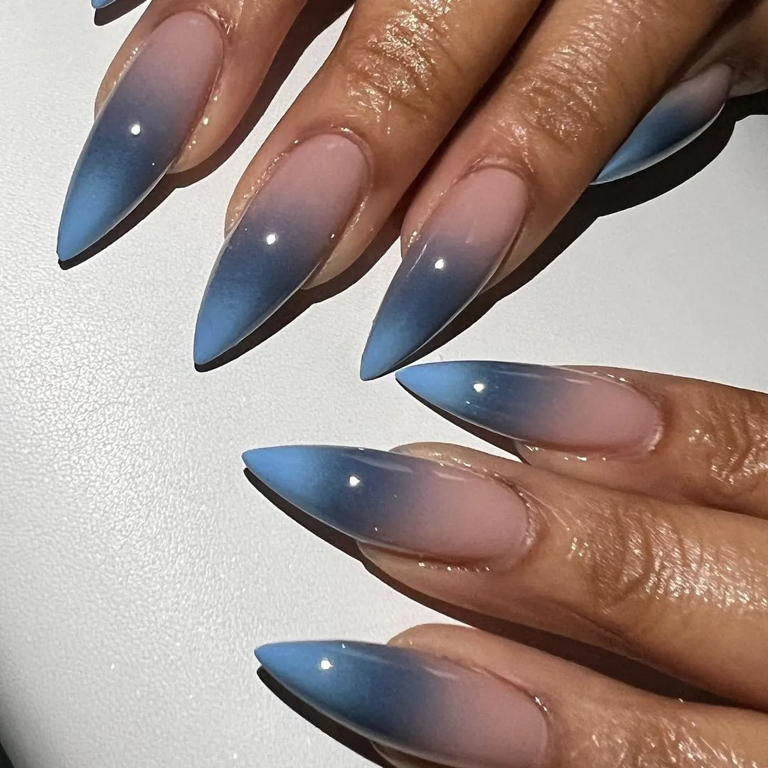 Blue Ombre Almond Nails