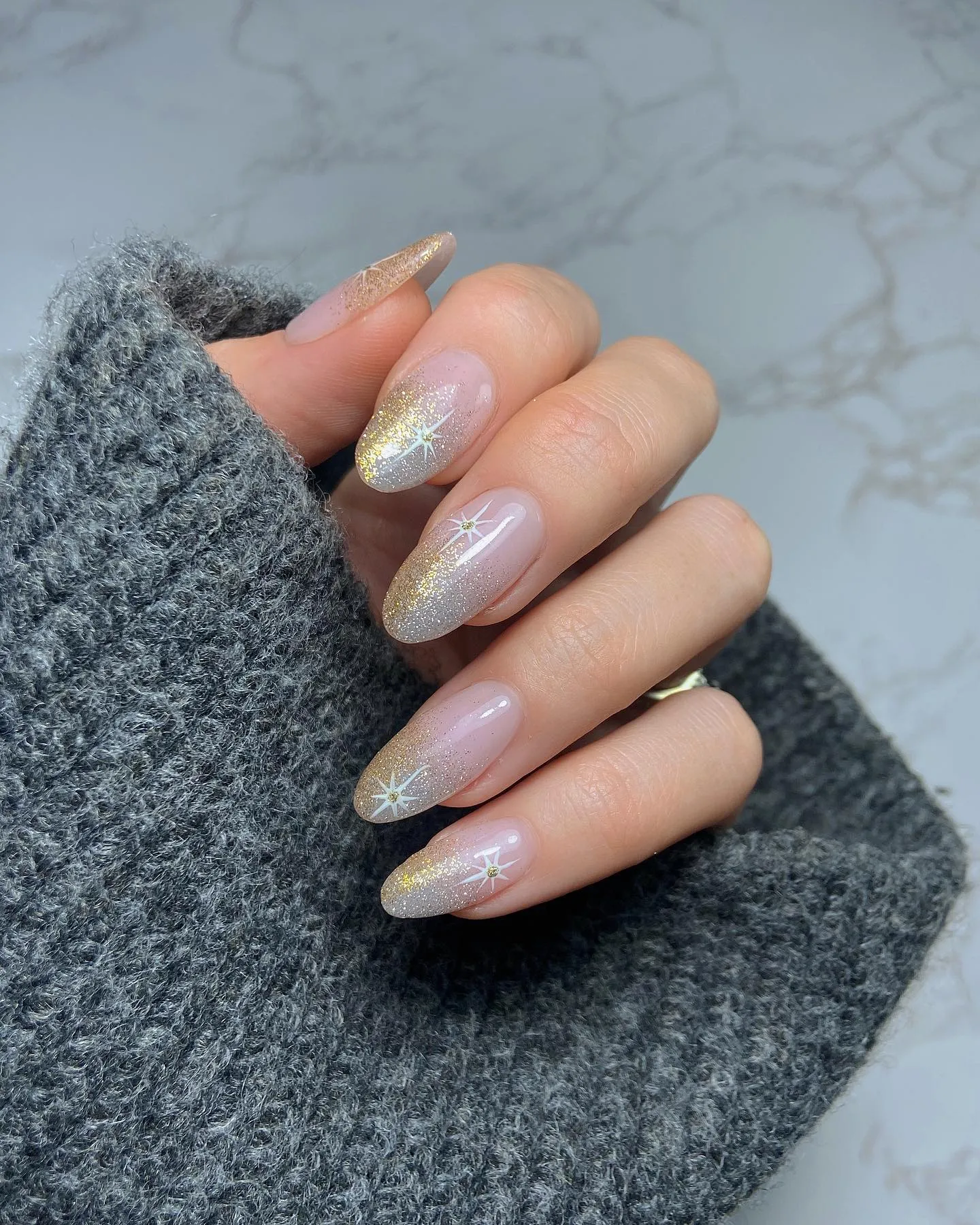 Rose Gold Glitter Ombre Almond Nails