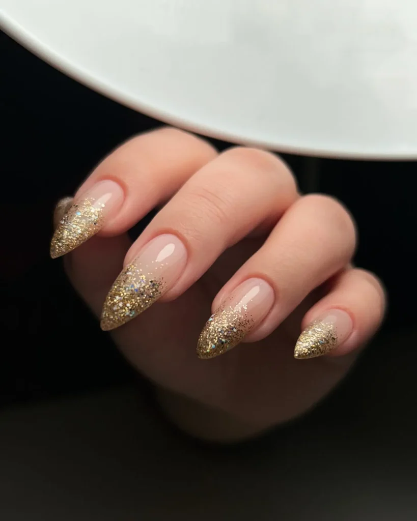 Warm Rose Gold Glitter Ombre Almond Nails