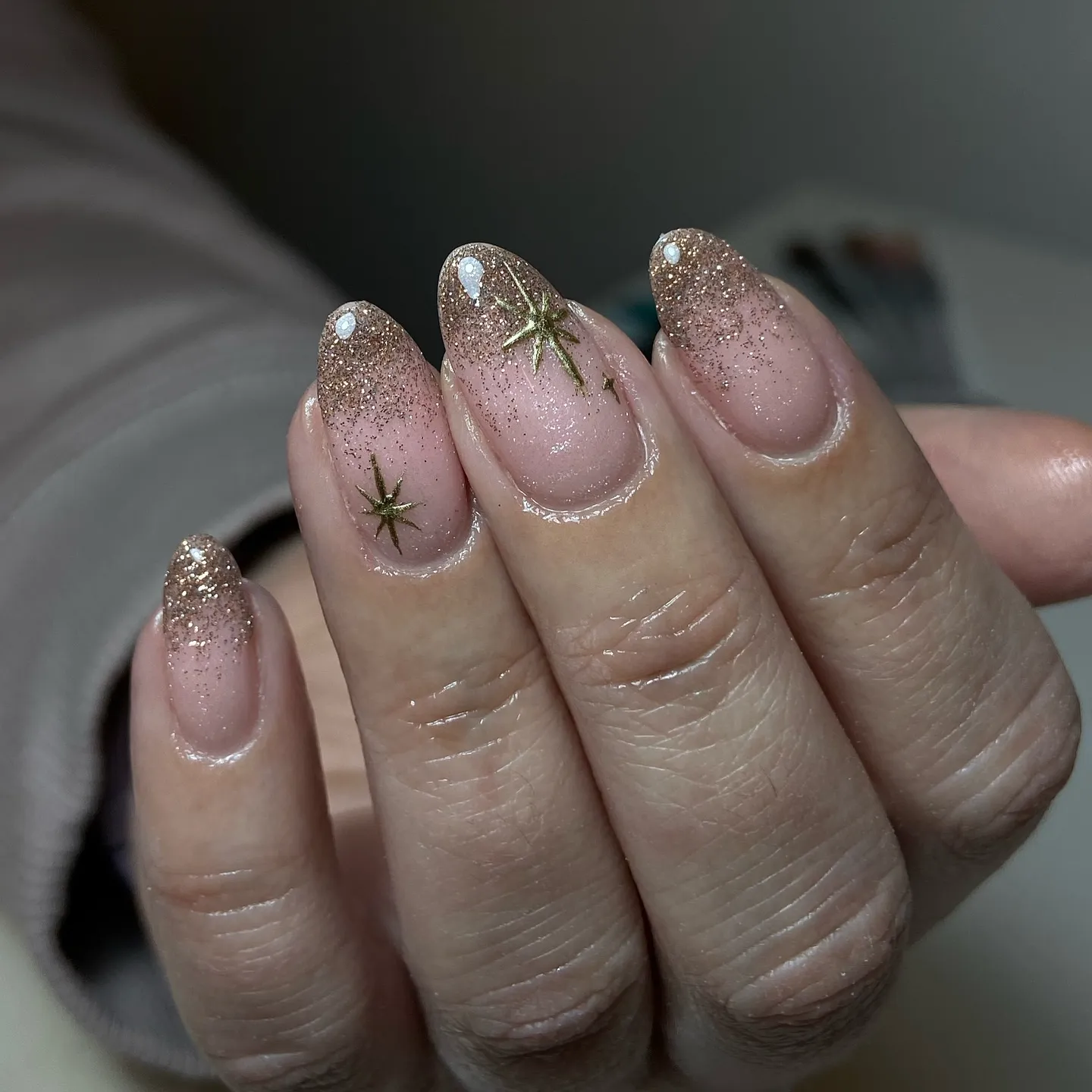 Rose Gold Glitter Ombre Almond Nails