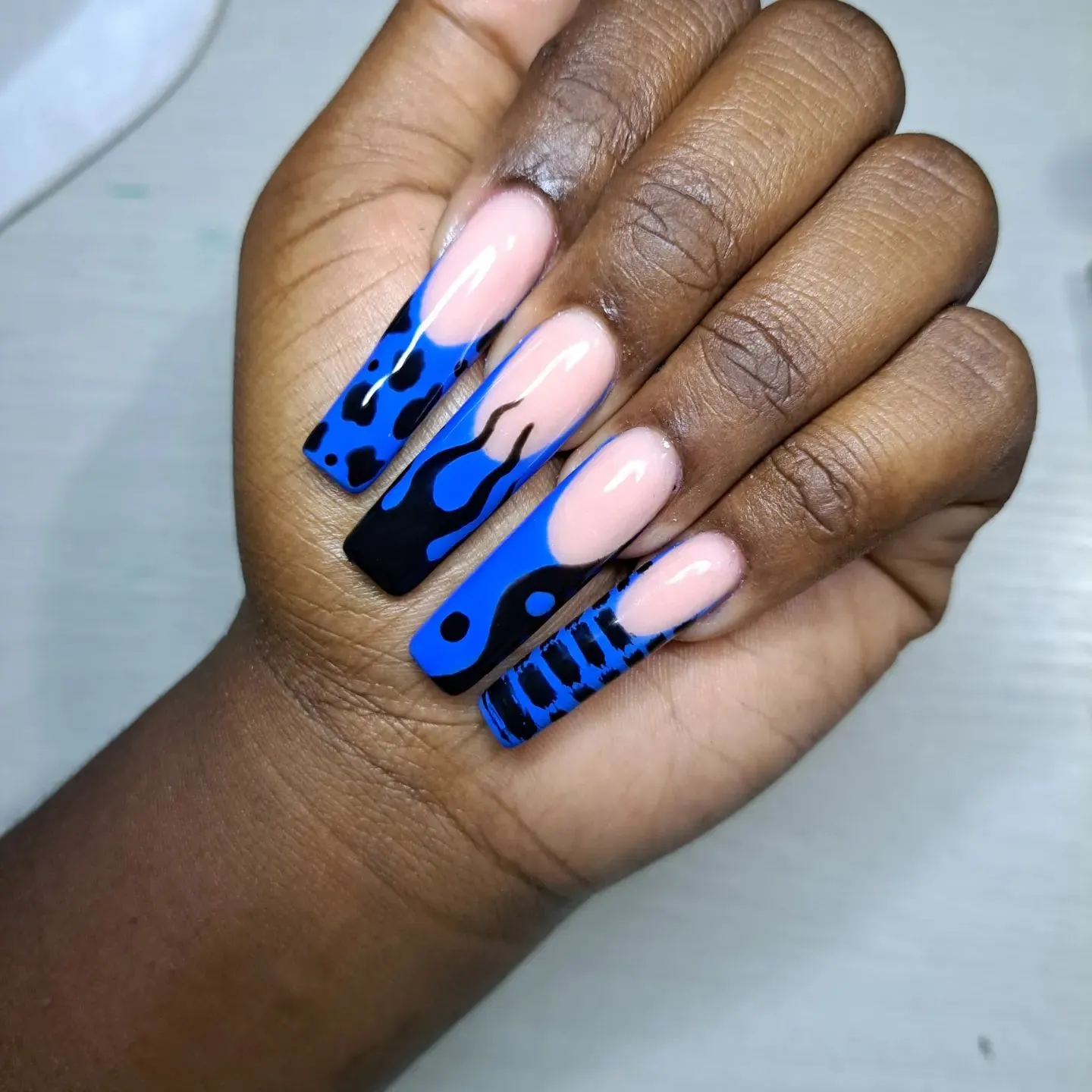 Blue and Black French Tip Nails