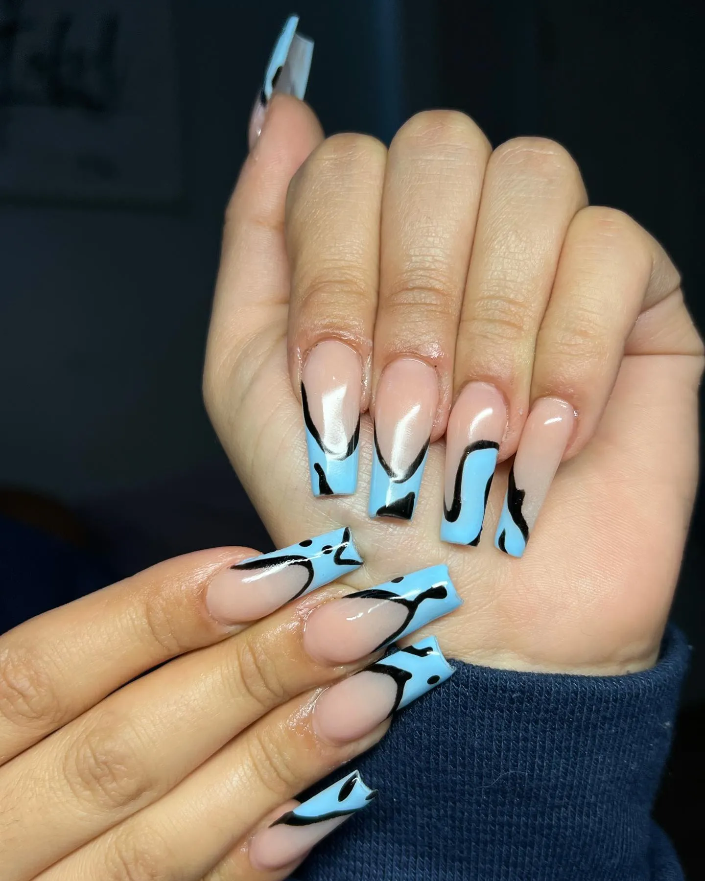 Blue and Black French Tip Nails